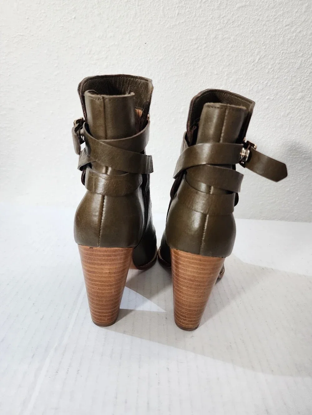 Joie Easton Women Olive Leather Buckle Boho Ankle  Boots Block Heel Rustic 38.5